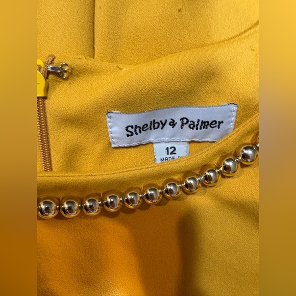 Shelby & Palmer‎ Mustard Yellow Beaded Strand Neck Puff Sleeve Sheath Dress 12 - Picture 3 of 8